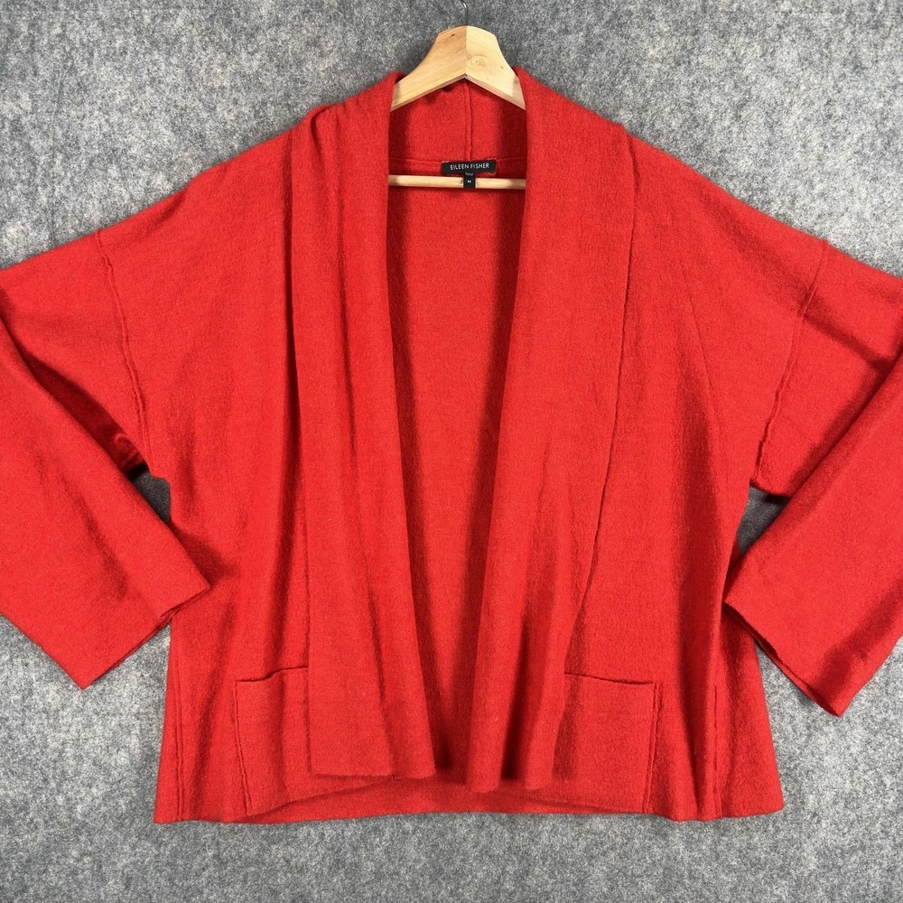 Eileen Fisher Sweater Womens Medium Red 100% Merino Wool Open Cardigan Kimono